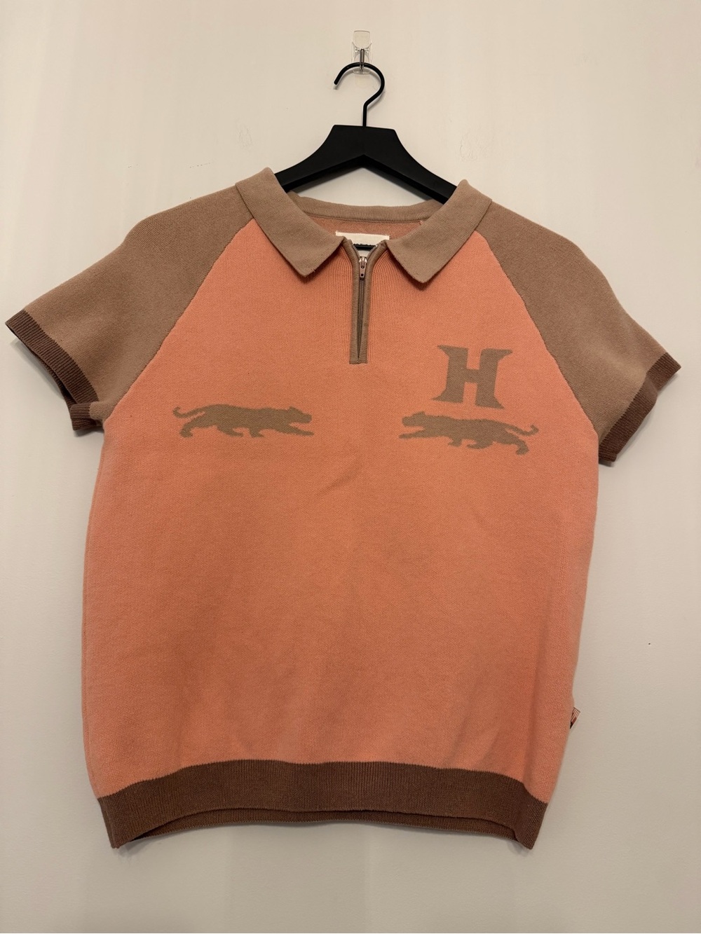 Honor the Gift Short-Sleeve Polo Sweater in Peach and Brown